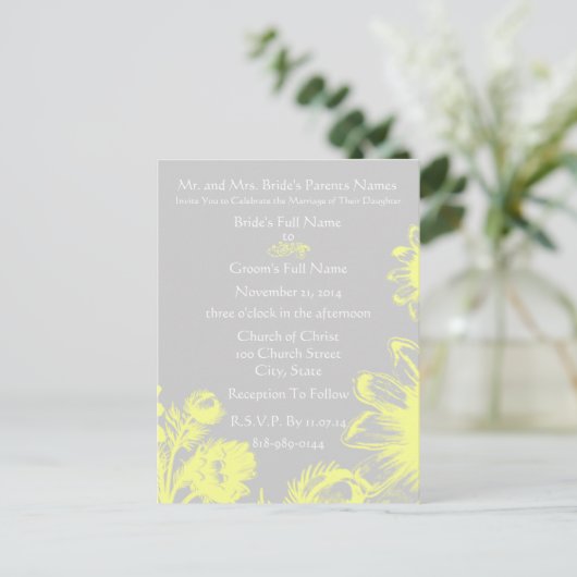 Bruiloft uitnodiging-geel  bloemen uitnodiging briefkaart (Staand voorkant)