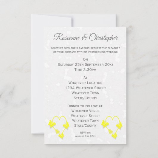 Bruiloft uitnodiging Gele Hart Vlinders (Achterkant)
