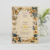 Bruiloft uitnodiging gouden vlinders (Staand voorkant)