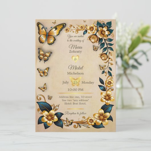 Bruiloft uitnodiging gouden vlinders (Staand voorkant)