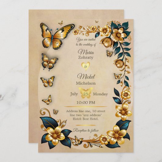 Bruiloft uitnodiging gouden vlinders (Voorkant / Achterkant)