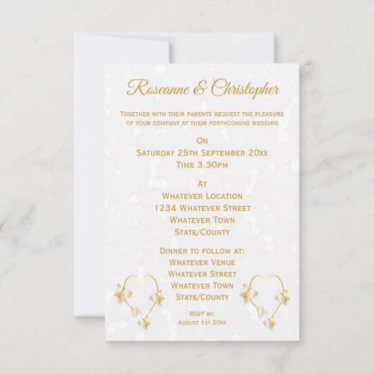 Bruiloft uitnodiging Goudkleurige Hart Vlinders (Achterkant)