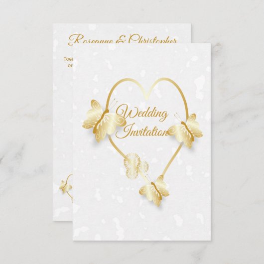 Bruiloft uitnodiging Goudkleurige Hart Vlinders (Voorkant / Achterkant)