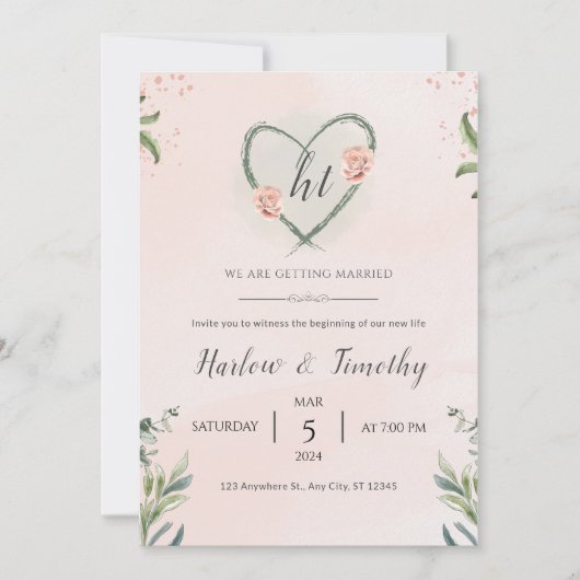 Bruiloft uitnodiging in salie en roze blush kleure (Voorkant)