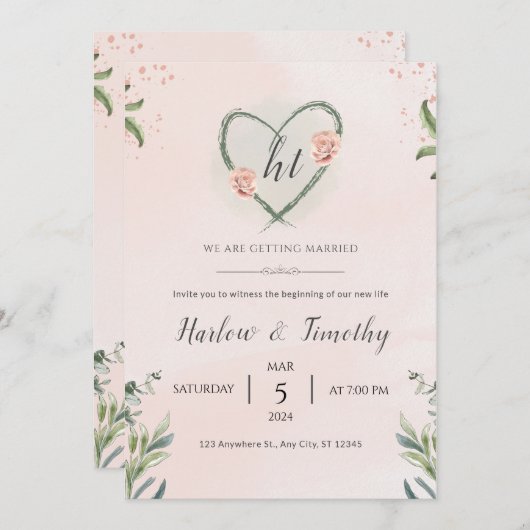 Bruiloft uitnodiging in salie en roze blush kleure (Voorkant / Achterkant)