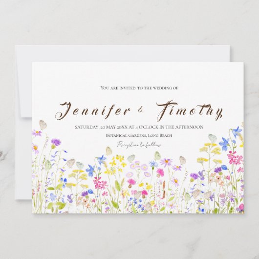 Bruiloft uitnodiging kleurrijke weide en vlinder (Voorkant)