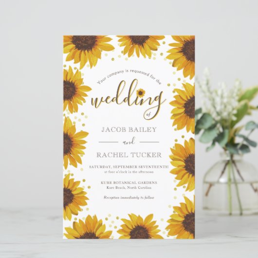 Bruiloft uitnodiging met landelijke zonnebloemen e (Staand voorkant)