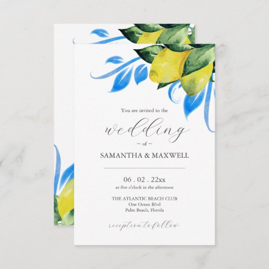 Bruiloft uitnodiging met QR Code Botanische Citroe (Voorkant / Achterkant)