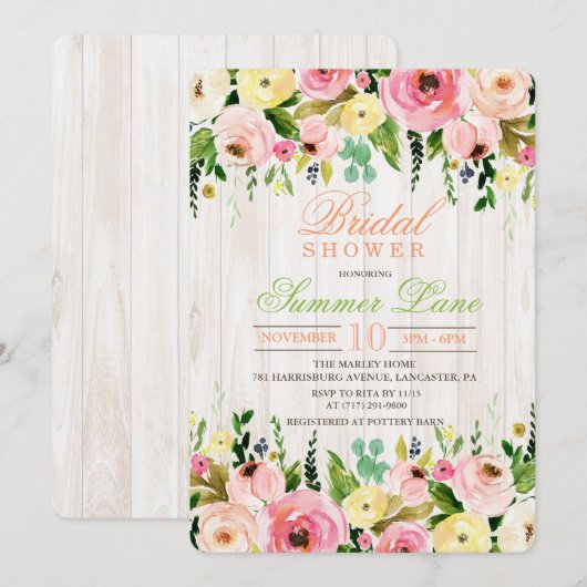 Bruiloft uitnodiging met rustieke bloemen (Voorkant / Achterkant)