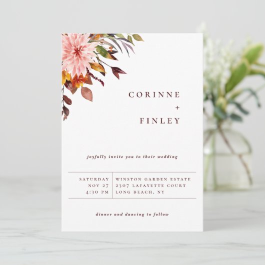 Bruiloft uitnodiging met rustieke herfstboeket (Staand voorkant)