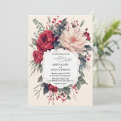 Bruiloft uitnodiging mooie bloemen rood blauw clas (Staand voorkant)