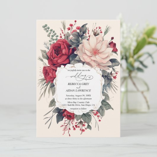 Bruiloft uitnodiging mooie bloemen rood blauw clas (Staand voorkant)