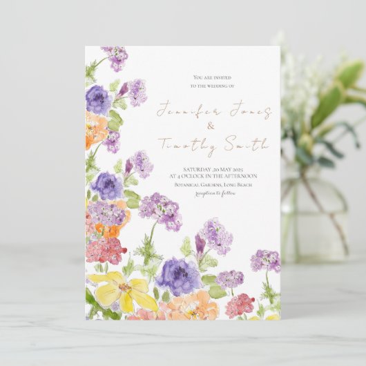 Bruiloft uitnodiging paarse geel en oranje bloem (Staand voorkant)