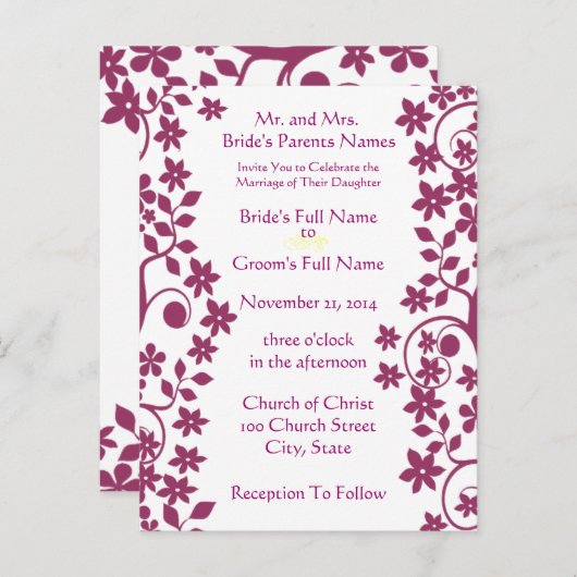 Bruiloft uitnodiging-pruim wervelingen en bloemen uitnodiging briefkaart (Voorkant / Achterkant)