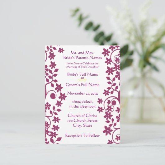 Bruiloft uitnodiging-pruim wervelingen en bloemen uitnodiging briefkaart (Staand voorkant)