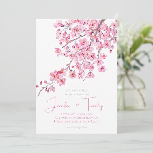 Bruiloft uitnodiging roze kersenbloesem (Staand voorkant)