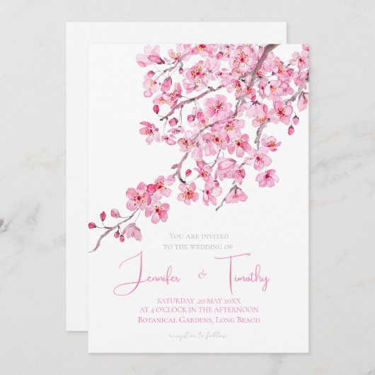 Bruiloft uitnodiging roze kersenbloesem (Voorkant / Achterkant)