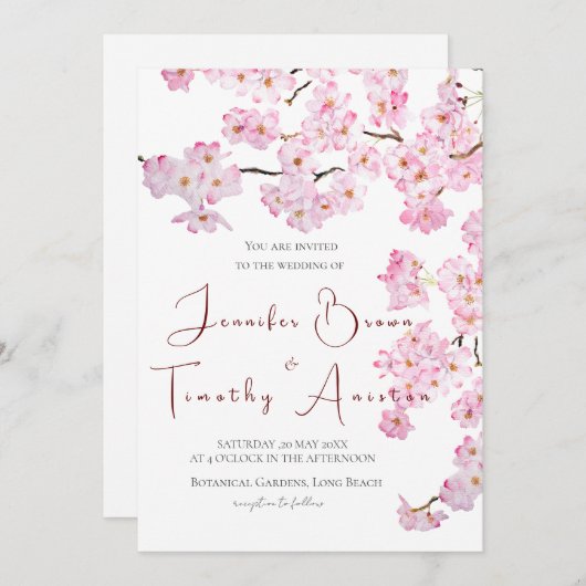 Bruiloft uitnodiging roze kersenbloesem 2024 (Voorkant / Achterkant)
