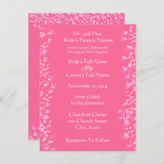 Bruiloft uitnodiging Roze Swirls en Bloemen (Voorkant / Achterkant)