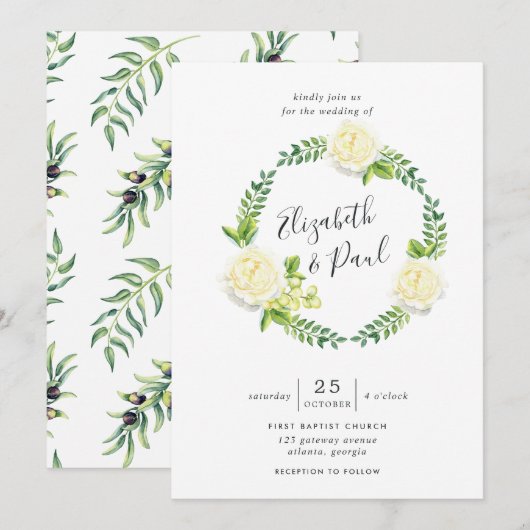 Bruiloft uitnodiging Rozen en Olijven (Voorkant / Achterkant)