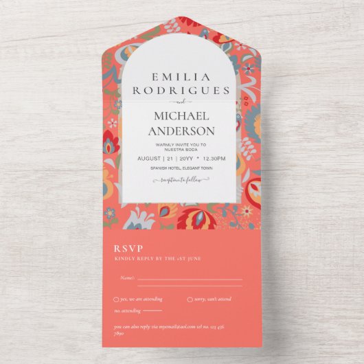 Bruiloft Uitnodiging Spaans Engels Rsvp FOLKART (Binnen)
