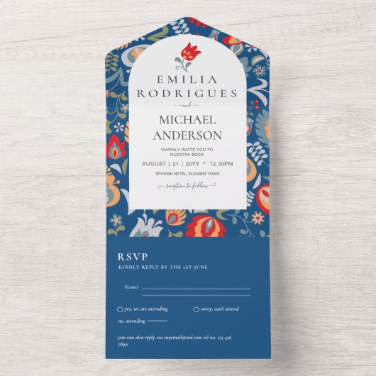 Bruiloft Uitnodiging Spaans Engels Rsvp FOLKART (Binnen)