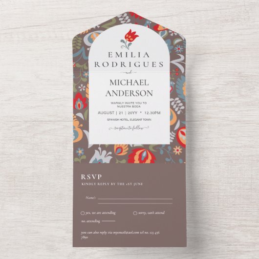 Bruiloft Uitnodiging Spaans Engels Rsvp FOLKART (Binnen)