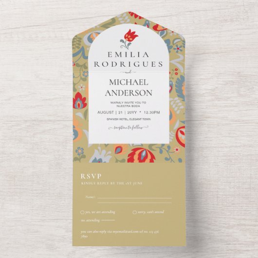 Bruiloft Uitnodiging Spaans Engels Rsvp FOLKART (Binnen)