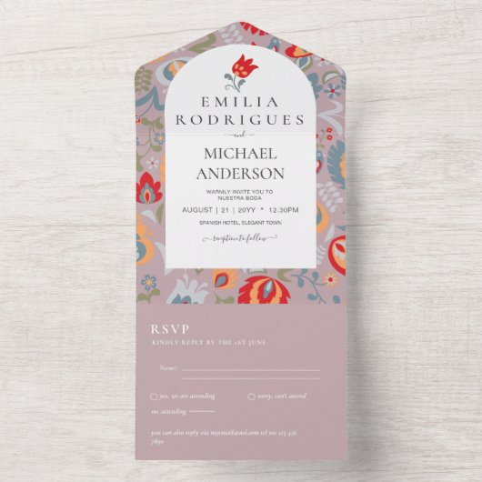 Bruiloft Uitnodiging Spaans Engels Rsvp FOLKART (Binnen)