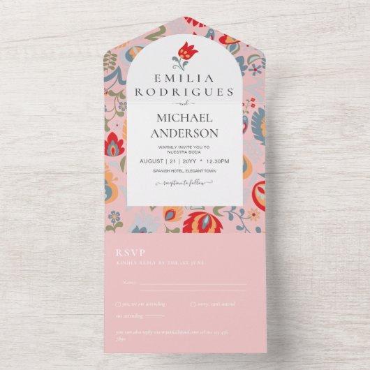Bruiloft Uitnodiging Spaans Engels Rsvp FOLKART (Binnen)