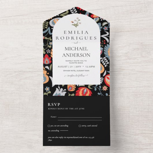 Bruiloft Uitnodiging Spaans Engels Rsvp FOLKART (Binnen)