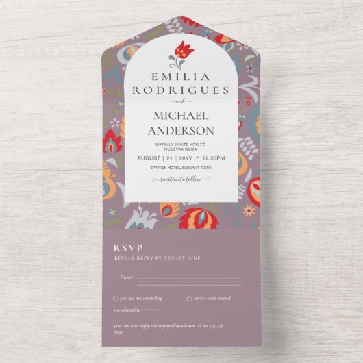 Bruiloft Uitnodiging Spaans Engels Rsvp FOLKART (Binnen)