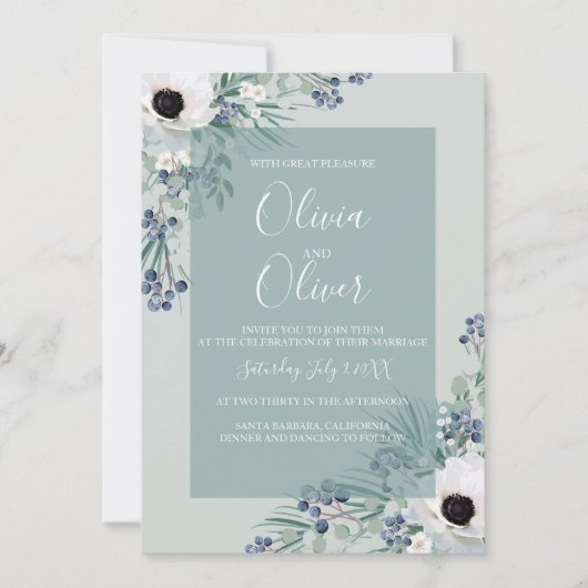 Bruiloft uitnodiging witte anemoon salie groen (Voorkant)