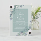 Bruiloft uitnodiging witte anemoon salie groen (Staand voorkant)