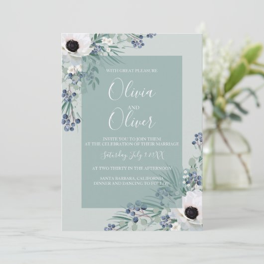 Bruiloft uitnodiging witte anemoon salie groen (Staand voorkant)