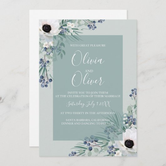 Bruiloft uitnodiging witte anemoon salie groen (Voorkant / Achterkant)