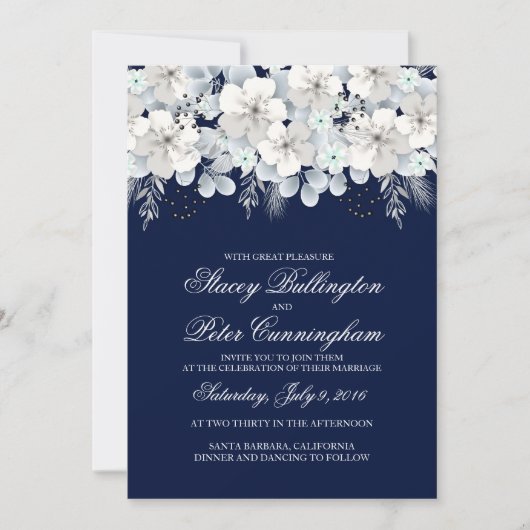 Bruiloft uitnodiging witte bloem sakura marine bla (Voorkant)