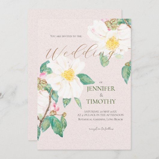 Bruiloft Uitnodiging witte camelia bloemen (Voorkant / Achterkant)