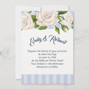 Bruiloft uitnodiging-witte rozen op blauwe strepen kaart