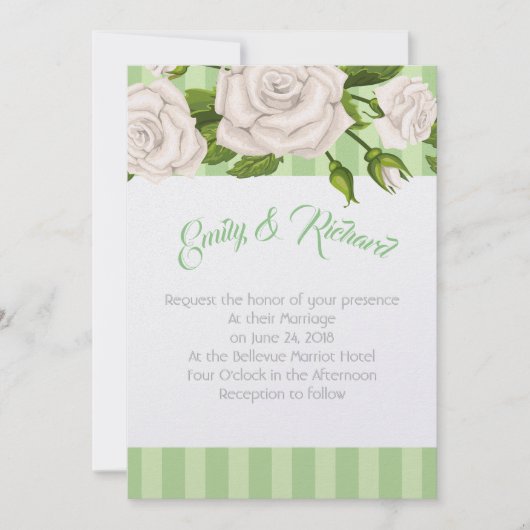 Bruiloft uitnodiging-witte rozen op groene strepen kaart (Voorkant)
