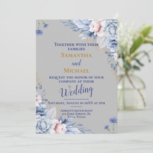 Bruiloft uitnodiging: zilver, bloemen, rsvp, QR Kaart (Staand voorkant)