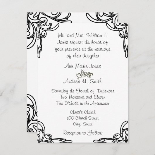 Bruiloft uitnodiging Zwarte hoeken wervelt op wit (Voorkant / Achterkant)