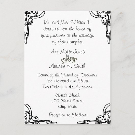 Bruiloft uitnodiging Zwarte hoeken wervelt op wit (Voorkant)