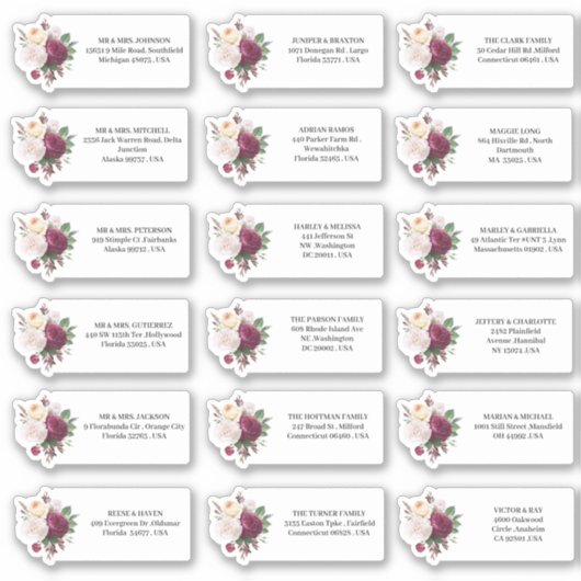 Bruiloft uitnodigingen Bourgondische bloemen adres Sticker (Voorkant)