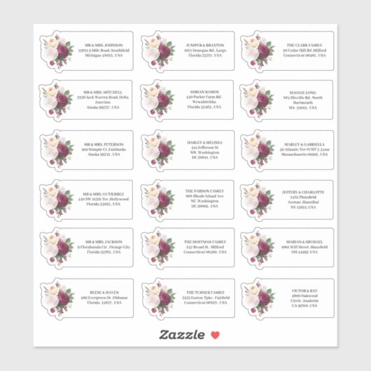 Bruiloft uitnodigingen Bourgondische bloemen adres Sticker (Vel)