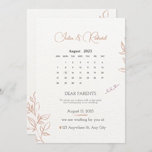 Bruiloft uitnodigingen met kalender 2024 (Voorkant / Achterkant)