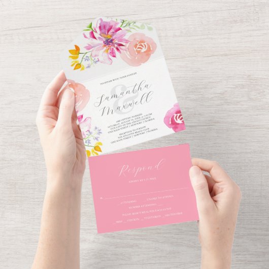 Bruiloft uitnodigingen met RSVP Card Roze Bloemen (Afscheurbaar)
