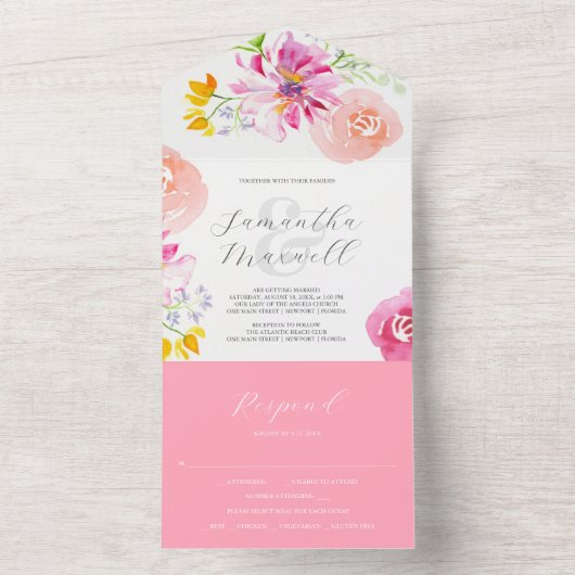 Bruiloft uitnodigingen met RSVP Card Roze Bloemen (Binnen)