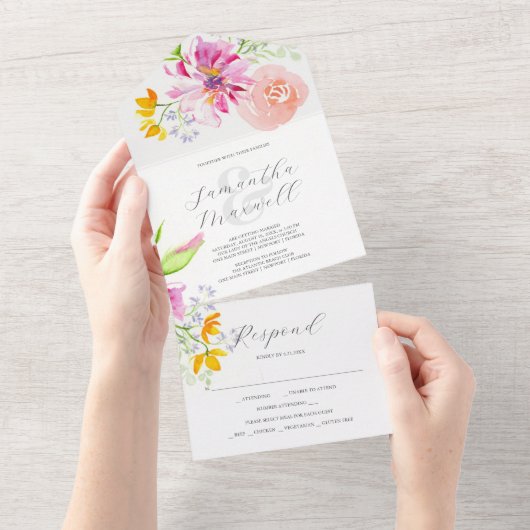 Bruiloft uitnodigingen met RSVP Card Roze Bloemen (Afscheurbaar)