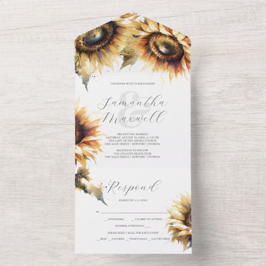 Bruiloft uitnodigingen met RSVP kaart Zonnebloem (Binnen)